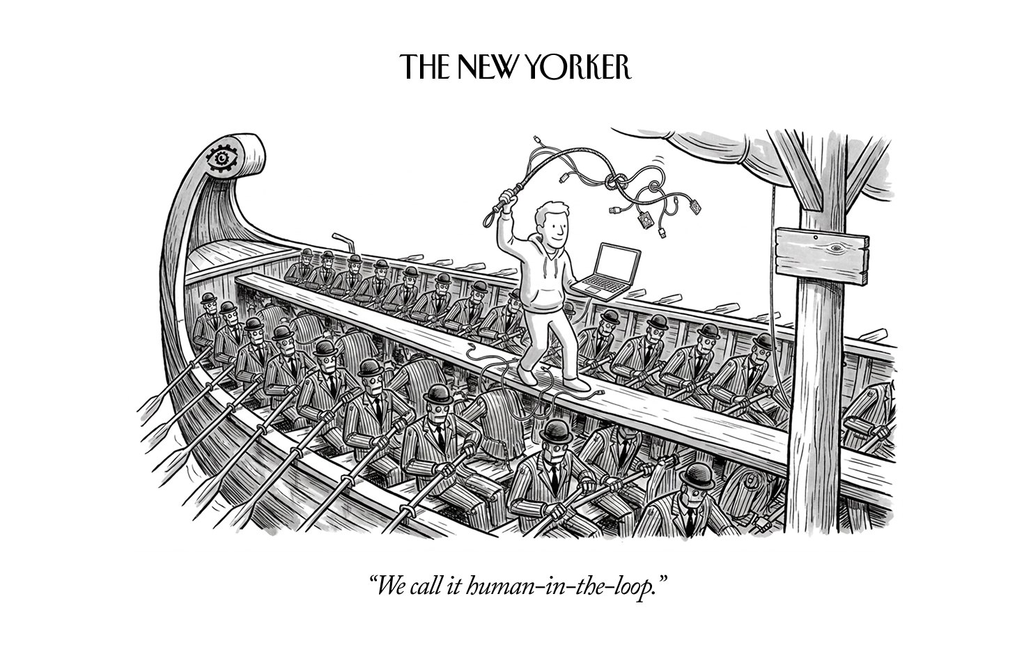 Adgent-concepted New Yorker style cartoon: We call it human-in-the-loop