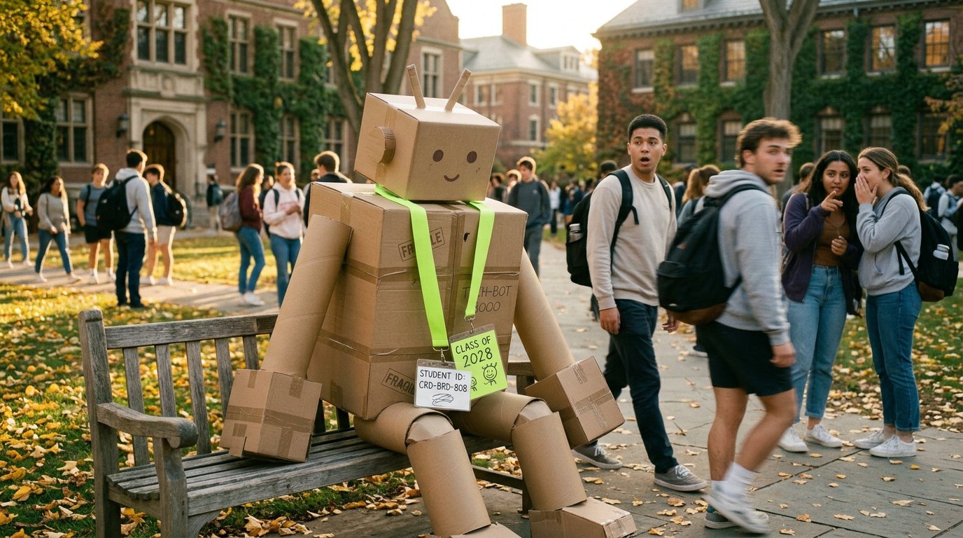 Aki on a university quad, failing to blend in