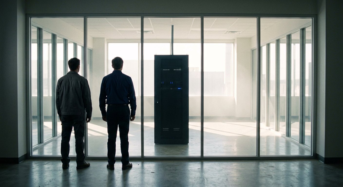 Two engineers at the glass wall facing the server rack