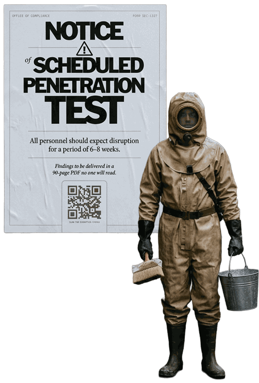 Lone hazmat figure beside the freshly pasted notice