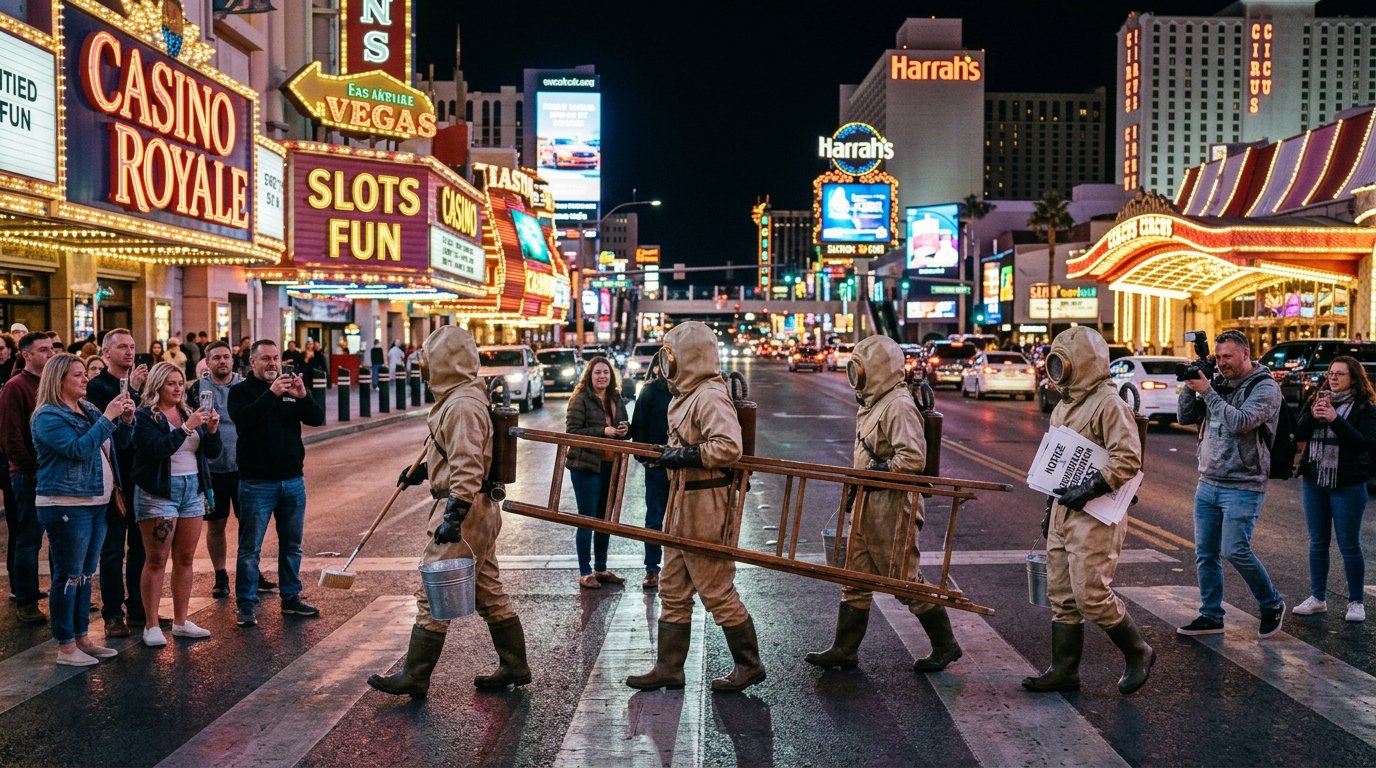 Hazmat procession crossing a neon Las Vegas street