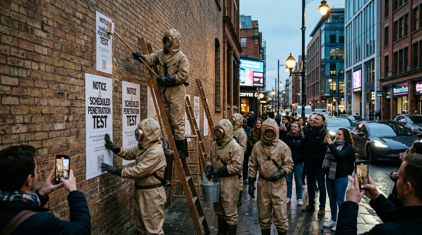 Troupe in vintage hazmat suits wheatpasting notices